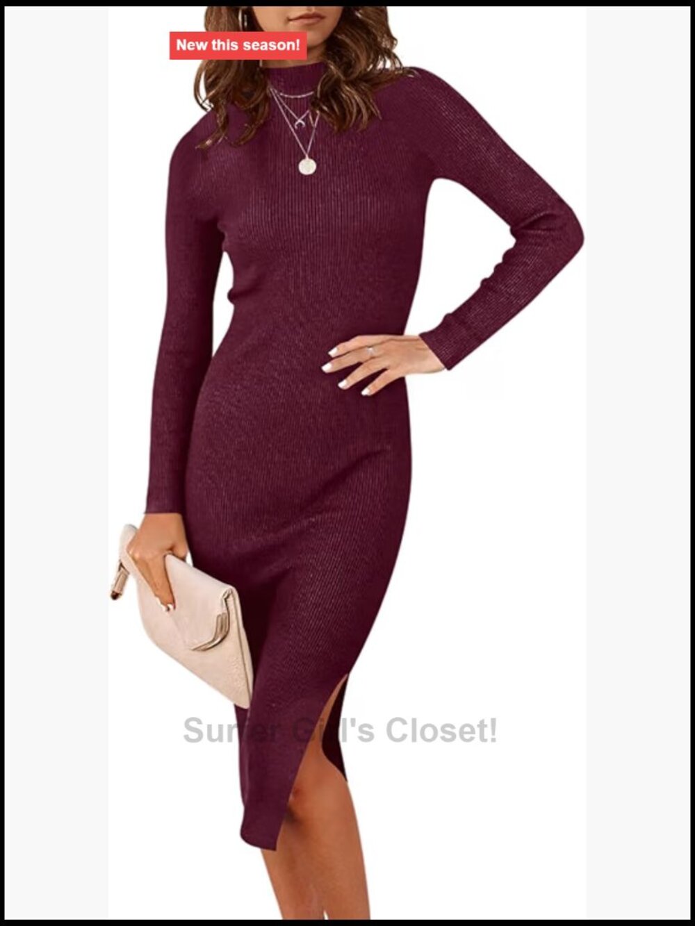 Women's Long Sleeve Ribbed Mock Neck Bodycon Midi Sweater Dress, Knit